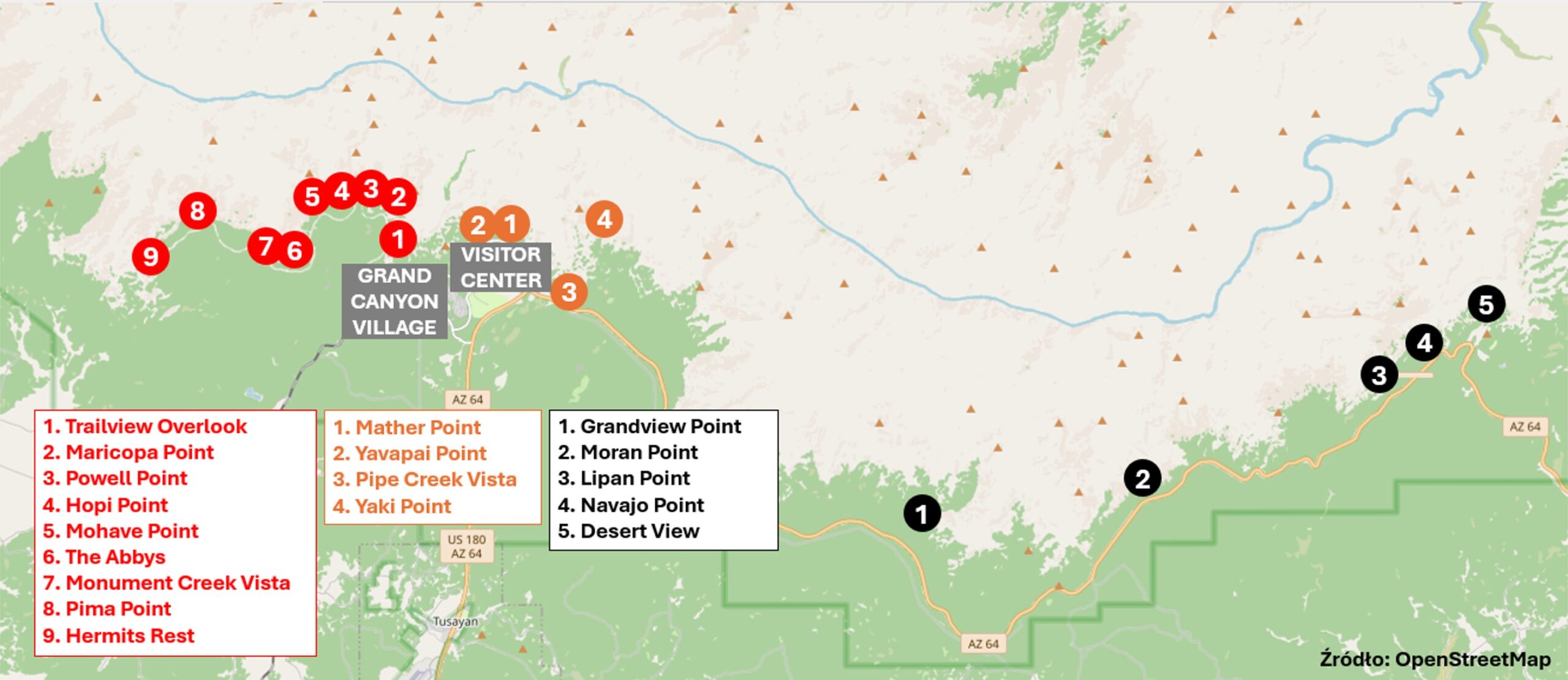 Wielki Kanion South Rim - mapa